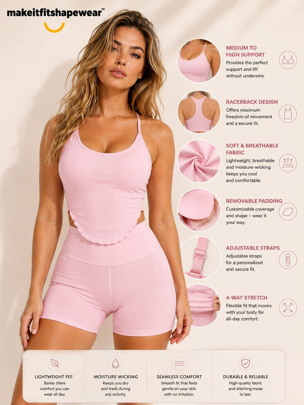 MakeItFit™ SculptFlex Racerback Sports Bra Tank Fixed Cup Yoga & Active Support Top