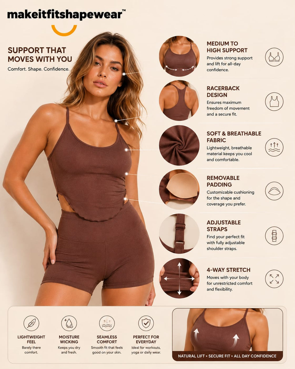 MakeItFit™ SculptFlex Racerback Sports Bra Tank Fixed Cup Yoga & Active Support Top