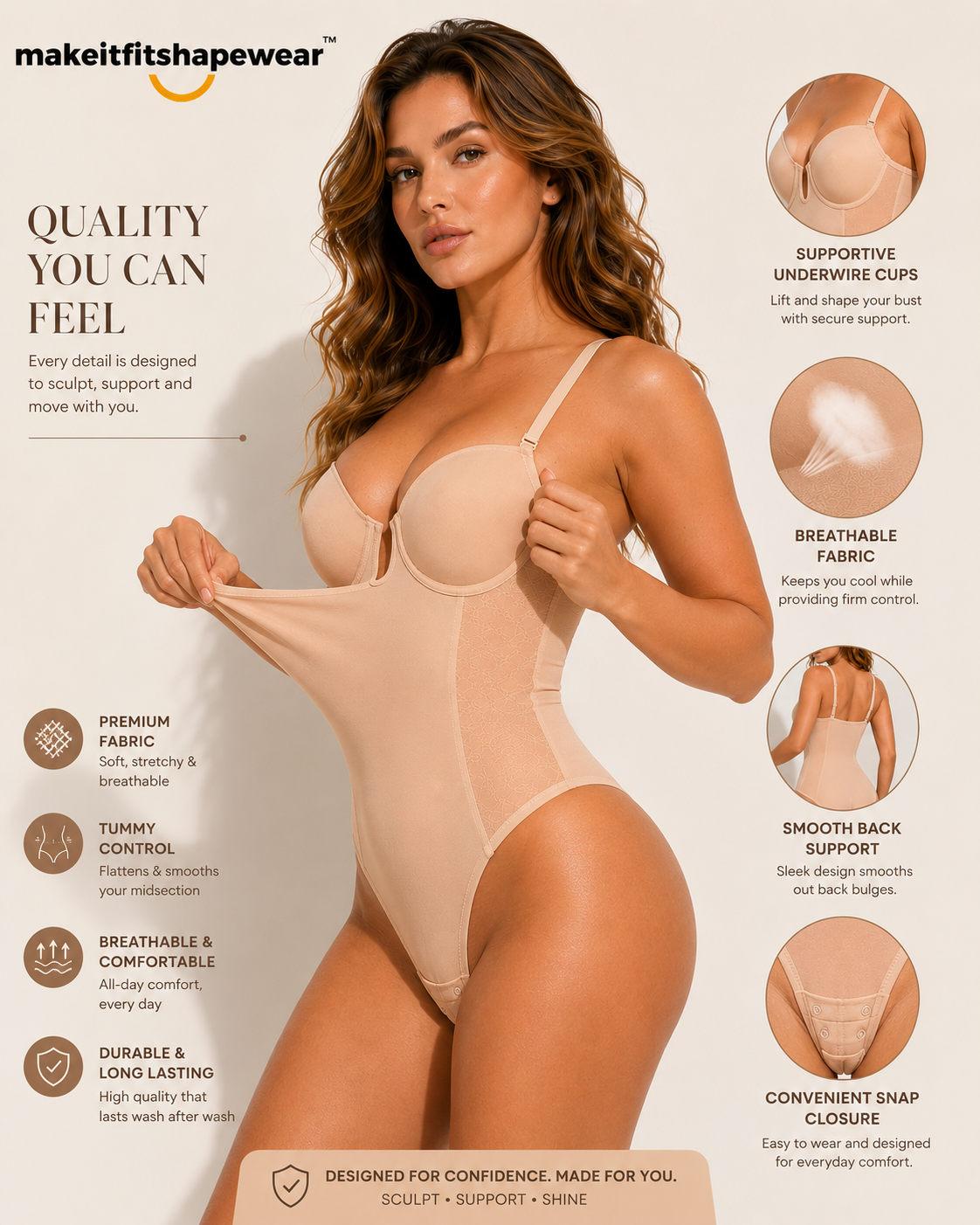 MakeItFit™ LuxeLift Sculpting Bodysuit – Seamless Tummy Control Shapewear with Built-In Underwire Bra
