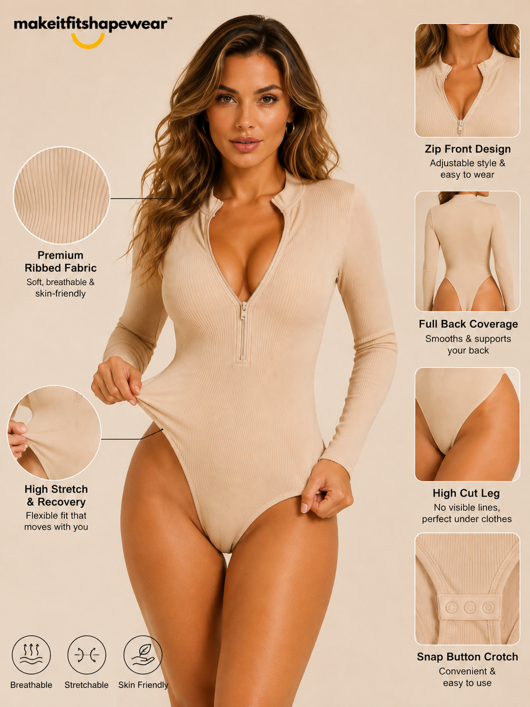 MakeItFit™ SculptFlex Ribbed Zip-Up Bodysuit premium