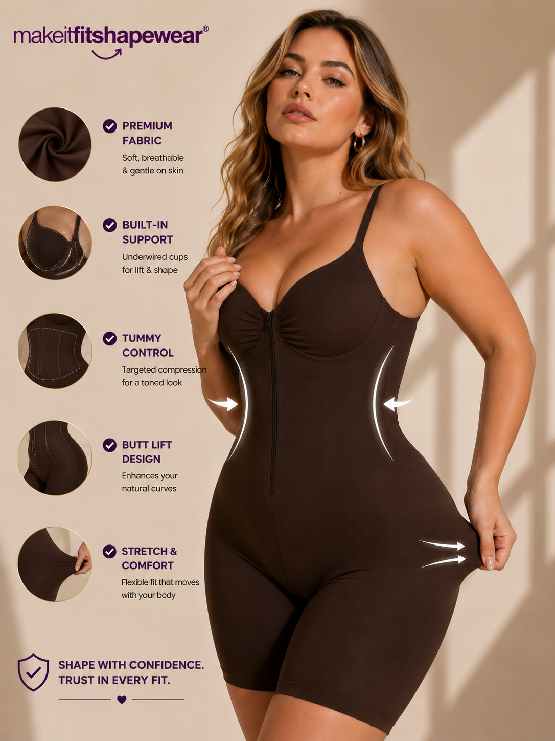 MakeItFit™ SculptFlex Zip Front Mid-Thigh Bodysuit