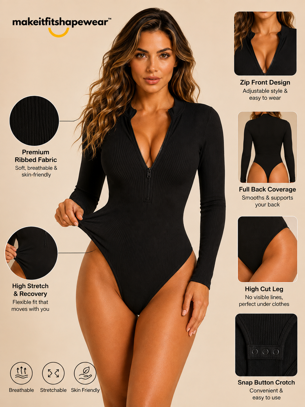 MakeItFit™ SculptFlex Ribbed Zip-Up Bodysuit premium